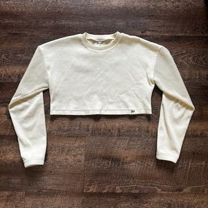 YOUNGLA Sz Small Womens Crew Neck Cream Ribbed Cropped long Sleeve